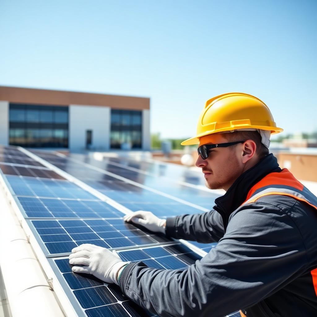 Technician inspecting rooftop solar panels on a commercial building