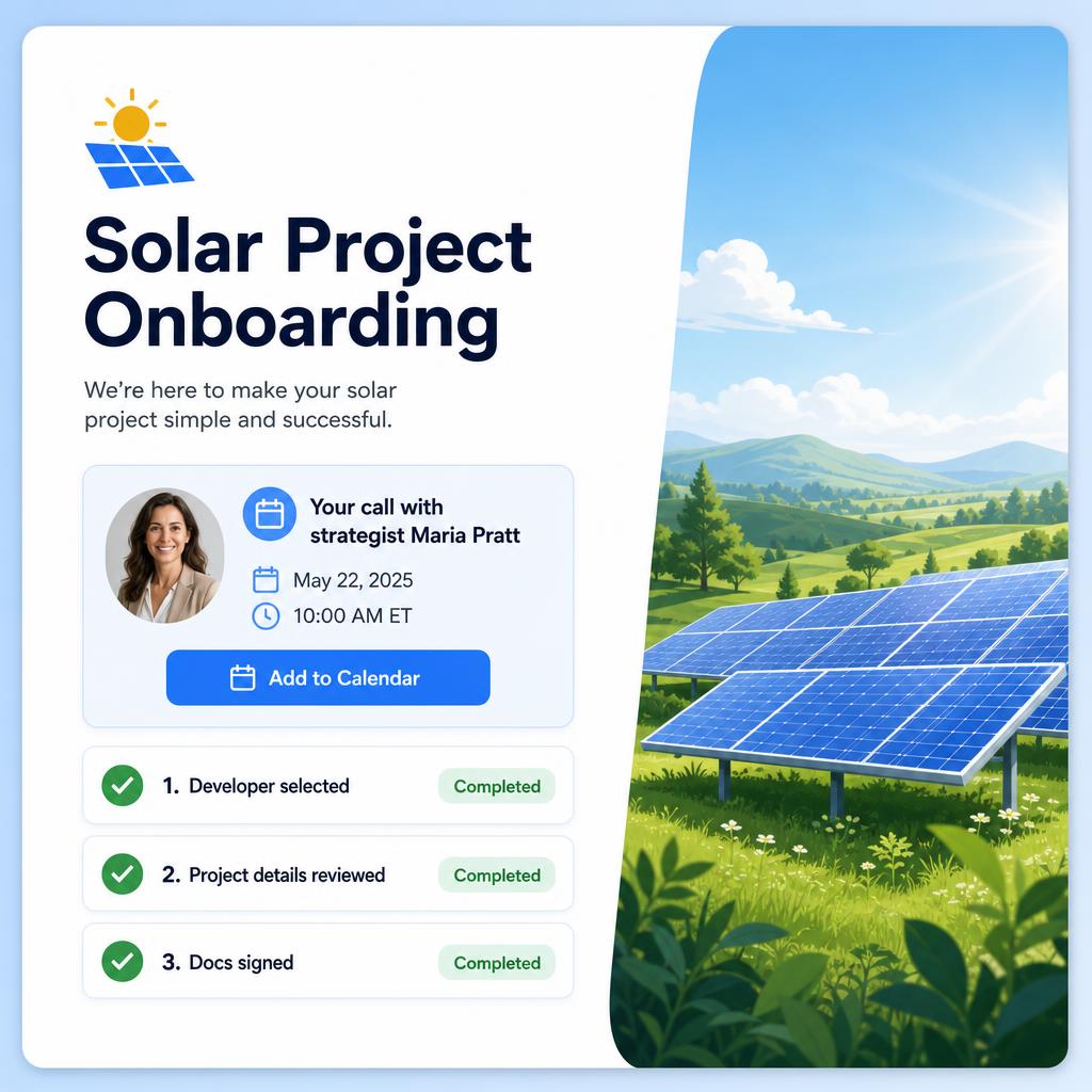Solar project onboarding interface showing scheduled strategy call and completed checklist items