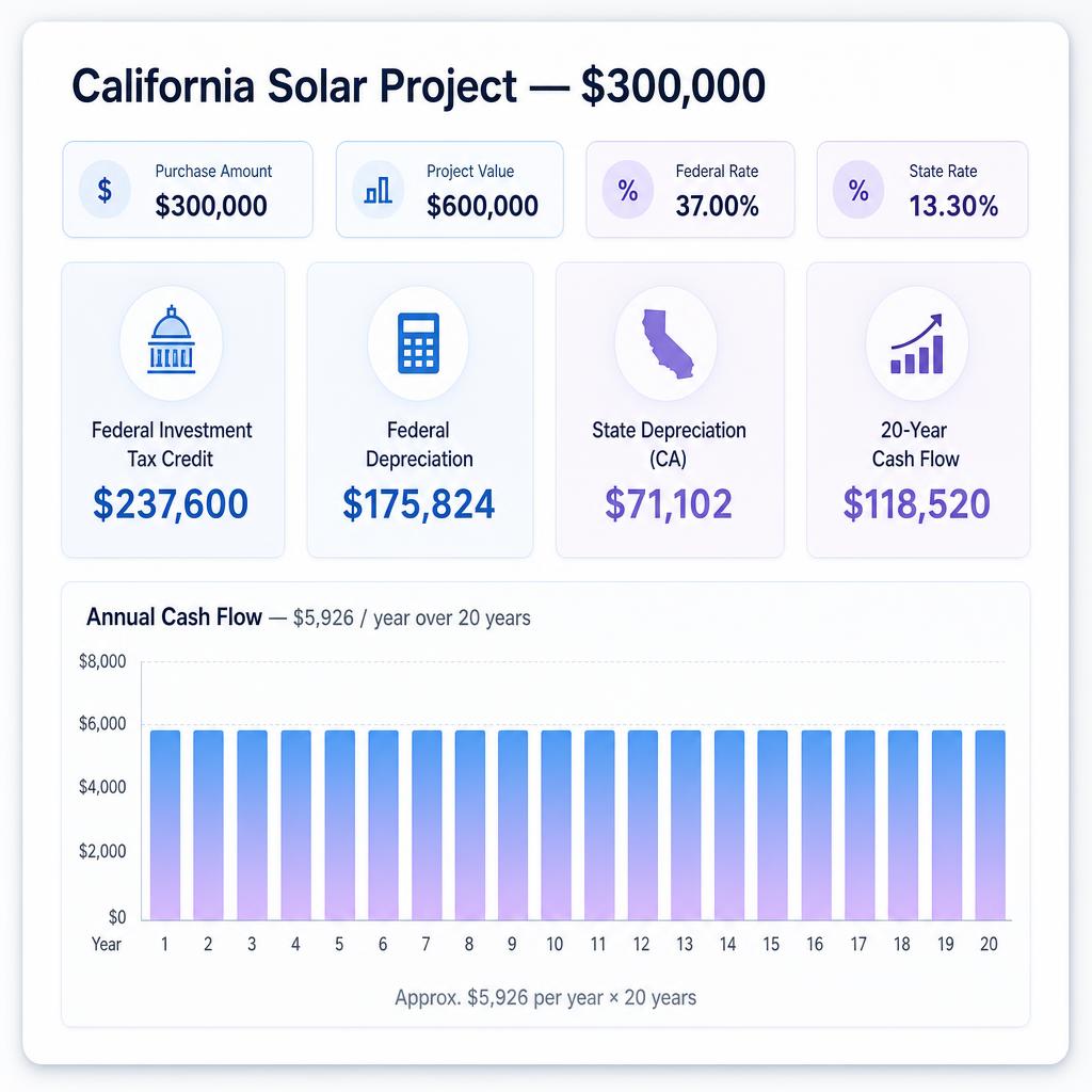 Solar tax savings calculator projecting hundreds of thousands in credits, depreciation, and cash flow
